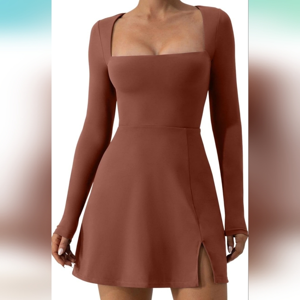 Womens Square Neck Bodice Dress Long Sleeve Side Slit Flare Mini Dress